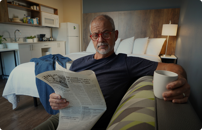 a man with red glasses sitting on a sofa reading a newspaper and holding a coffee mug